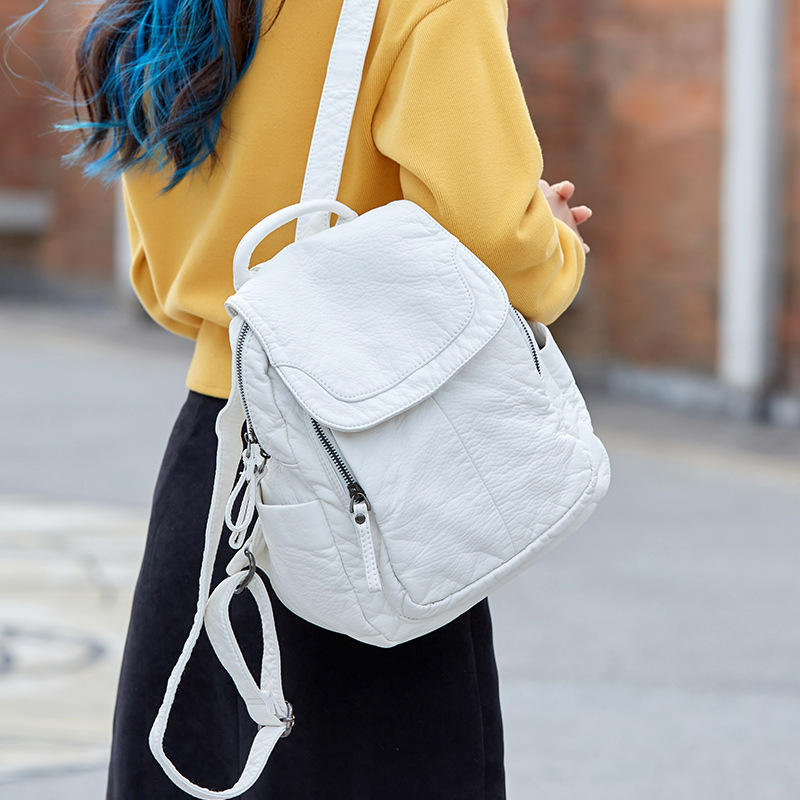 Fashion Backpack Women - Mochila de couro branca lavada para