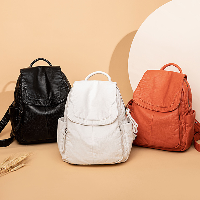 Mochila de couro branca lavada - Fashion Backpack Women avaliação e preço
